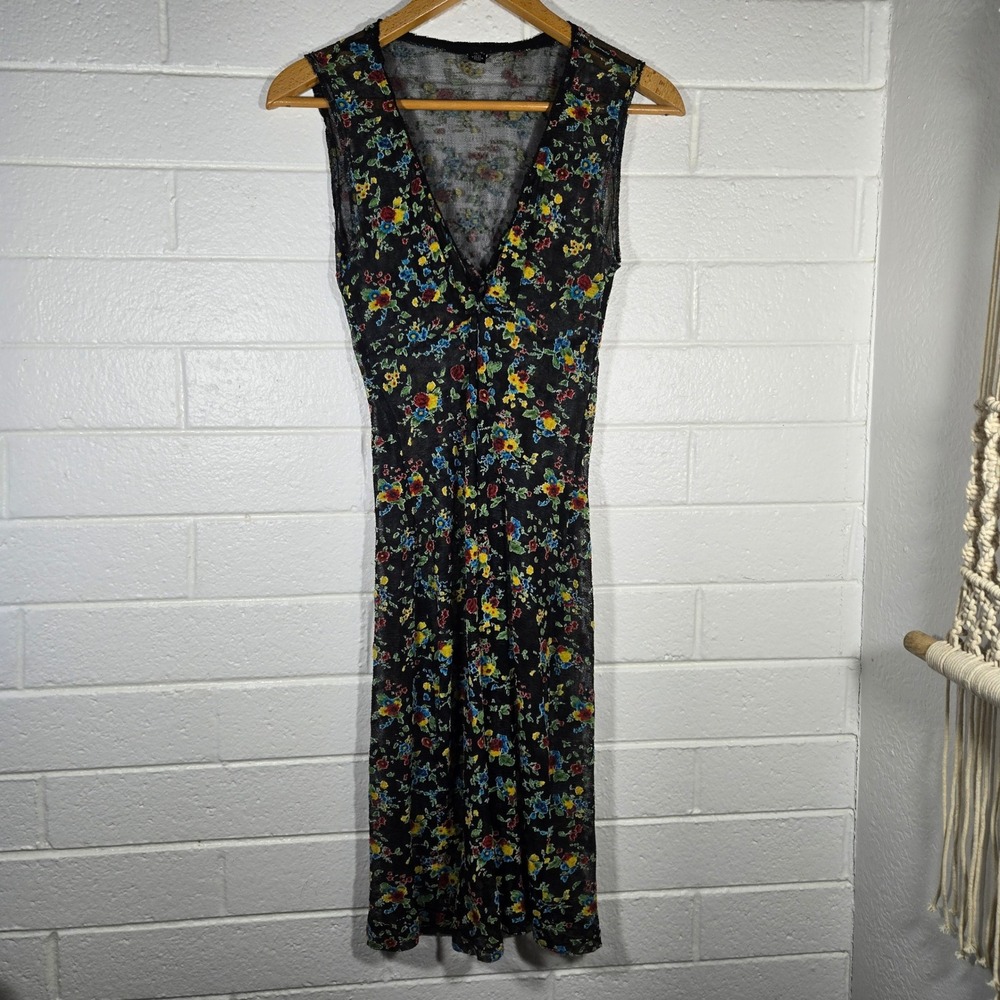 VIA 101 Mesh‎ Floral Midi Dress Sheer 90s Fairy Grunge Boho Y2K Goth Multicolor